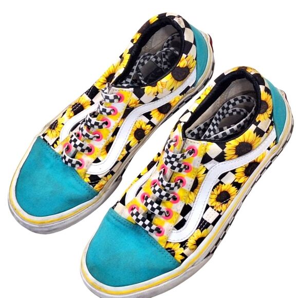VANS Customs Sunflowers Old Skool size 6 Womens Fun Colorful Turquoise Yellow - Picture 1 of 16